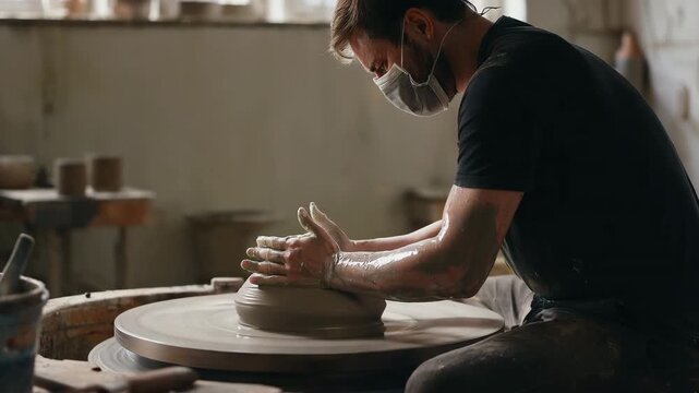 Man shaping clay on pottery wheel in studio workshop environment