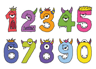 Set of monsters numbers doodle collection. Vector illustration on white background