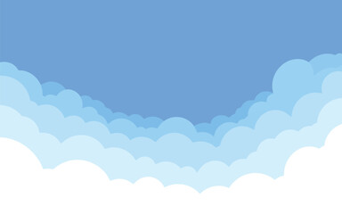 Layers of soft white and blue cartoon clouds stack up against a clear, expansive blue sky