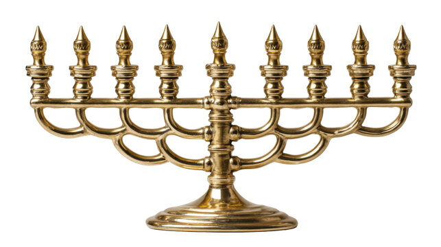 Golden menorah candle holder isolated on white background traditional Jewish symbol religious object elegant metal craftsmanship studio photography