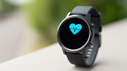 Fototapeta premium Smartwatch displaying heart rate monitoring icon on screen, symbolizing fitness tracking and digital health technology