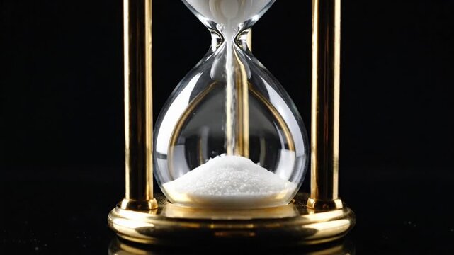 Time flows in an hourglass with white sand moving from the top to the bottom in a dark setting