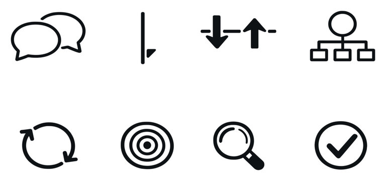 Conversational interface flow in outline style: speech bubbles exchange, cursor caret, dialogue arrows, intent node, feedback loop, response pulse ring, clarity. Vector icons