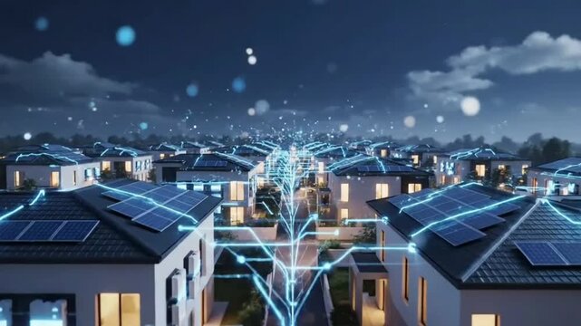 Night residential solar homes connected with glowing digital grid lines showing energy flow motion animation for smart city electricity concept