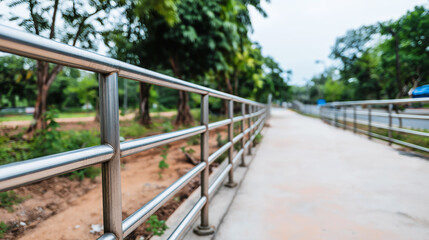 Outdoor handrail guiding mobility training pathway in a park, providing support and accessibility for rehabilitation