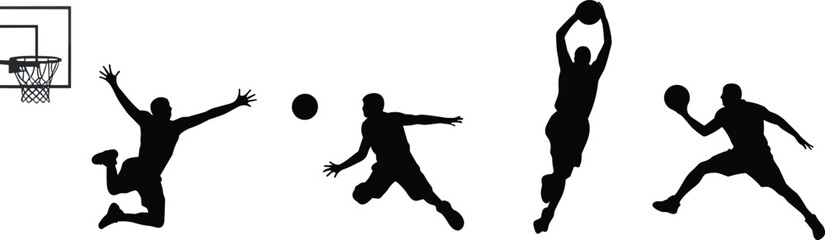 Silhouettes of basketball players in dynamic action poses with hoop, dribbling, passing, dunking, competitive sports energy, teamwork, fitness, and modern visual concept on white background © MSTNASRIN