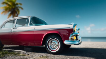 Vintage red and white car parked on sandy beach with palm trees in the background, captured in cinematic lighting with film grain effect and high dynamic range
