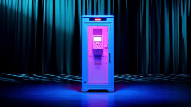 Focused medium shot of a single soundproof telehealth pod with glowing indicators isolating the tech equipment used for remote medical consultations.