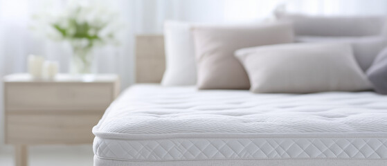 Fototapeta premium Comfortable white mattress with plush pillows on a bed in a bright, airy bedroom