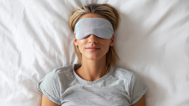 Woman enjoying restful sleep in bed, wearing a striped eye mask, finding serenity and peace