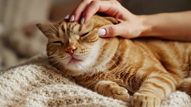 Cat enjoys gentle petting while resting on soft blanket in cozy indoor setting