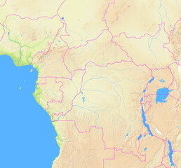 Fototapeta premium Map of Central Africa showing the region with relief representation, rivers, lakes and administrative boundaries. No labels at all.