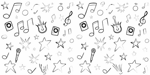 Fototapeta premium Musical notes stars and instruments in a playful doodle pattern