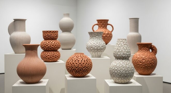 Collection of Ceramic Vases, Pottery Exhibition, Artistic Vessels Display