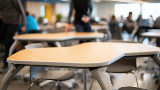 Close view of movable desks clustered in small groups for teamwork main desk in focus while other desks and students fade into the soft background blur.