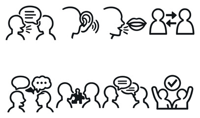 Speech Exchange Toolkit in outline style: verbal initiation, listening focus, articulation clarity, turn exchange, conversational cues, meaning alignment. Vector icons