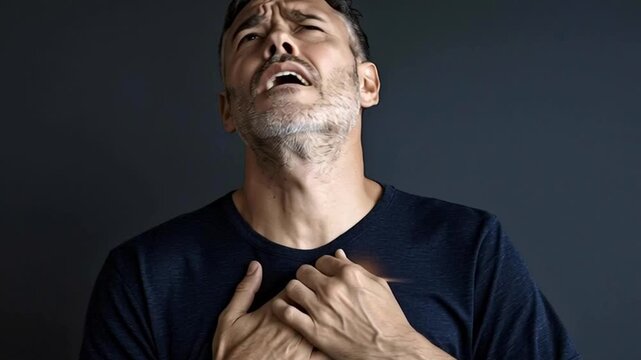 Mature man with gray hair suffering from a sudden heart attack, clutching his chest in agony and expressing intense pain on his face, highlighting a critical cardiovascular health emergency