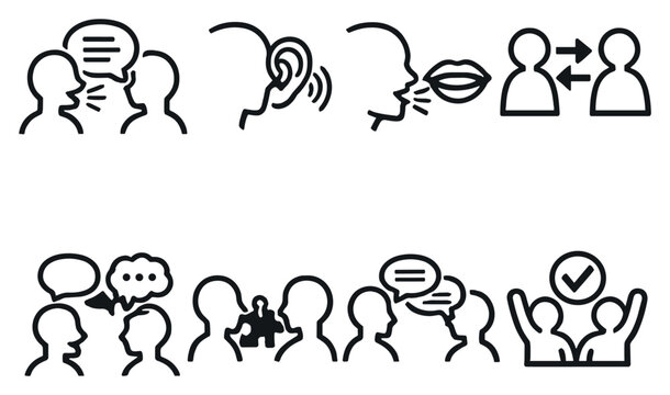 Speech Exchange Toolkit in outline style: verbal initiation, listening focus, articulation clarity, turn exchange, conversational cues, meaning alignment. Vector icons