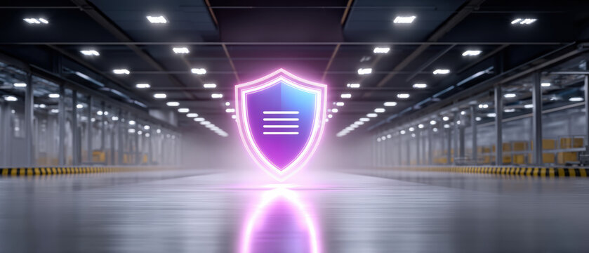 Futuristic neon shield icon symbolizing strong cyber security protection in empty warehouse