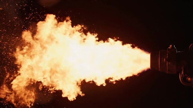 Fire blast from a flame thrower in a dark setting with sparks flying in the air and intense light