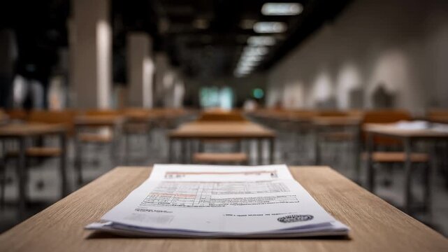 Clear focus on an officiallooking language test booklet on a table while spaced desks and chairs taper off into a blurry distance.