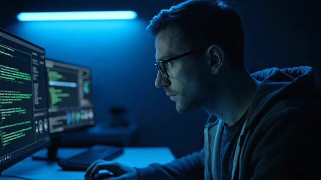 Programmer Working Late - This video shows a man wearing glasses and a hoodie working at a computer with code displayed on the screen, under blue lighting. He appears focused on his work.