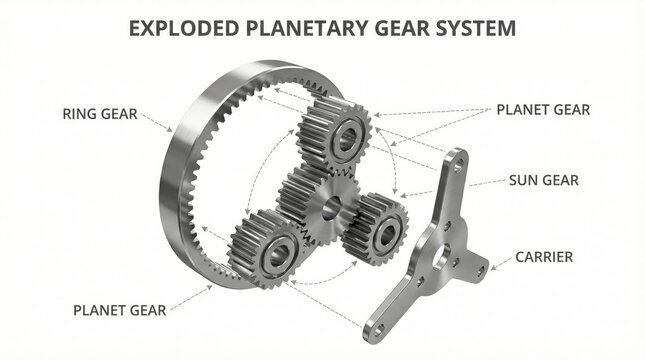 Planetary Gear System Illustration: A detailed diagram showcasing the inner workings of an exploded planetary gear system, illustrating its complex mechanics and engineering design.