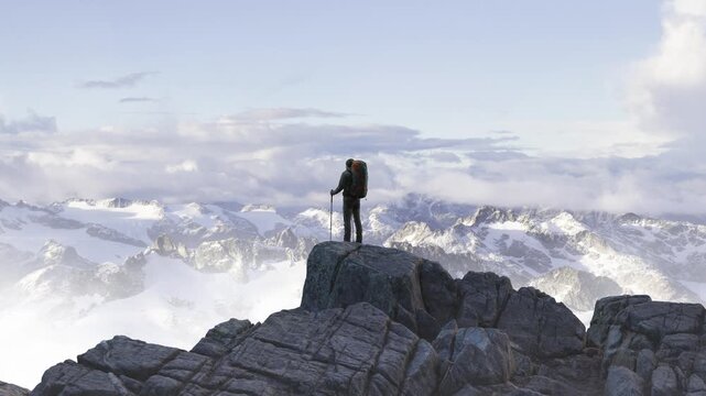 Adventurous Hiker on Majestic Mountain Peak, Gazing at Breathtaking Panoramic View (3D Render)