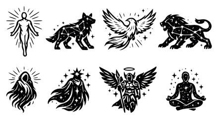 Fototapeta premium Heavenly Beings Framework in outline style: light infused humanoid, constellation beast, ethereal bird, cosmic lion, glowing spirit, starlight entity, sky. Vector icons