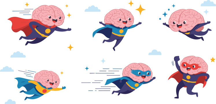 Cute brain superhero characters flying in sky with clouds for intelligence creativity and education illustration design