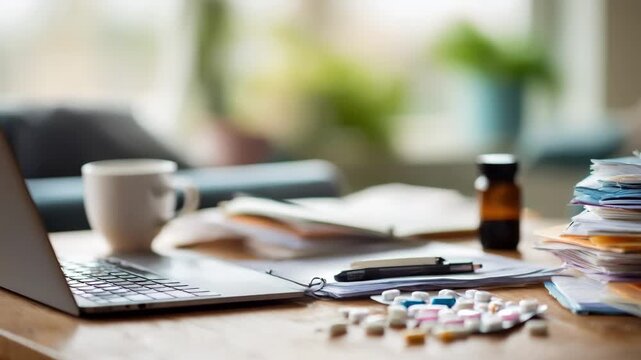 Crisp focus on a medication management desk setup with scattered paperwork and a laptop while the serene room fades into a gentle blur