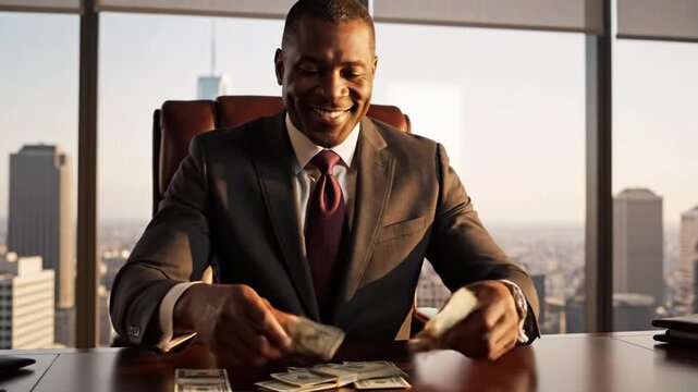 Business man counts cash in office setting with city view, showing focus on finances and work priorities