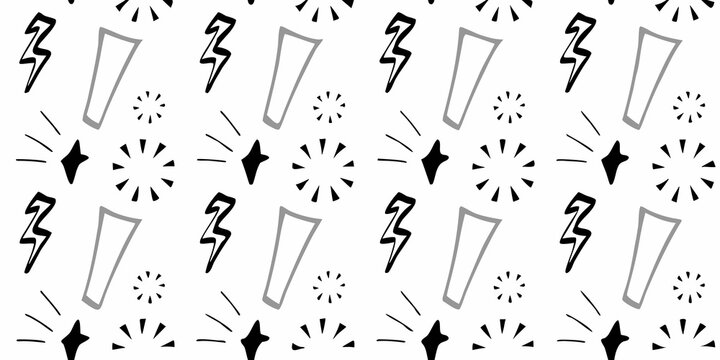 Black and white pattern of lightning bolts and starburst shapes