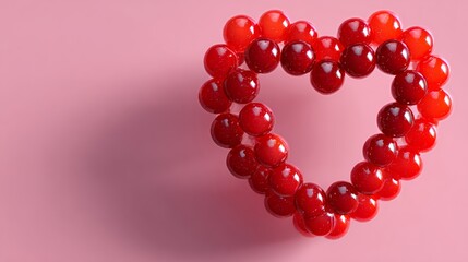 Obraz premium Heart shape created from shiny red balls against a soft pink background, featuring an empty center, illuminated by soft studio lighting for a vibrant and modern look