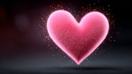 Fototapeta premium Pink heart-shaped light with a fluffy texture glowing in a dark background, surrounded by sparkling particles, ideal for romantic themes and Valentine's Day celebrations