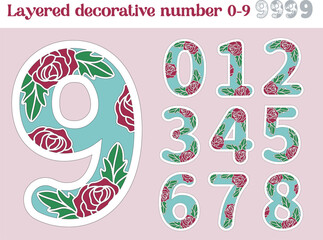 Decorative Numbers set with roses, Birthday cake topper, Layered paper craft designs
