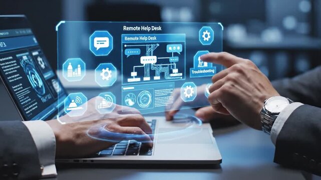 Businessman interacts with IT support chat for troubleshooting issues on laptop. Hands display remote help desk icons during the process for quick assistance