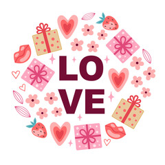 Romantic greeting card for Valentine's day with gifts and Love text.