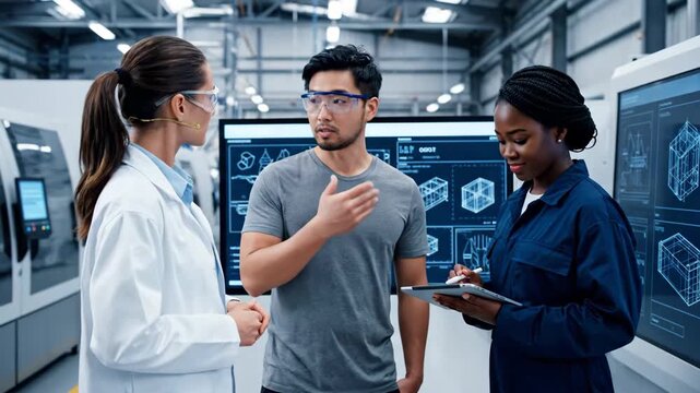Engineers Discussing Technical Blueprints - Three diverse engineers wearing safety glasses and lab coats are standing in front of a large display with technical blueprints.