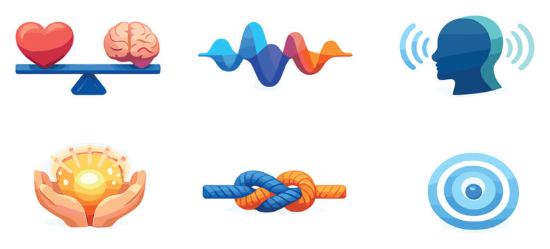 Emotional inner dialogue set of icons in flat isometric style: heart-mind balance, mood waveform, self-talk echo lines, compassion glow, conflict resolution. Vector icons