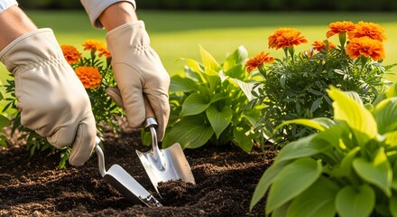 Fototapeta premium A man planting flowers and a young tree in a garden during a sunny day outdoors