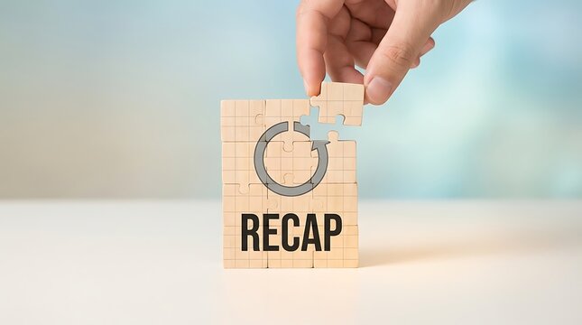 Hand adding a puzzle piece with a circular arrow symbol, representing 'RECAP' and process review