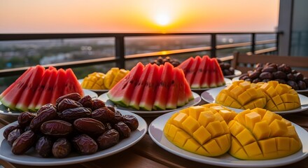Naklejka premium Fresh Sliced Watermelon Mango and Dates During Sunset