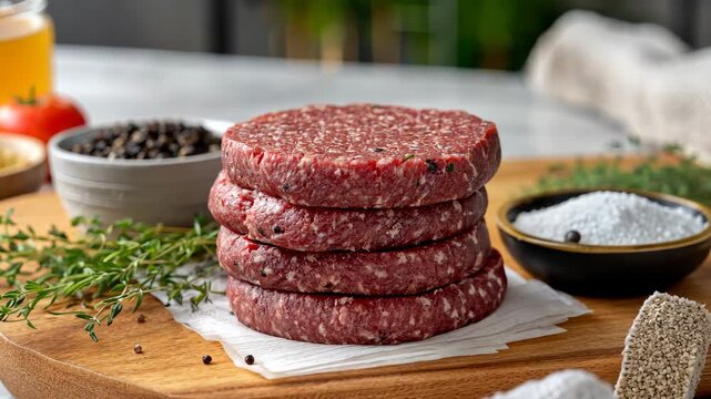 Grilling burger patties with fresh herbs and spices on a wooden cutting board in a bright kitchen setting