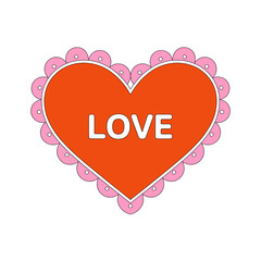 Red heart with pink scalloped border and love text on white background