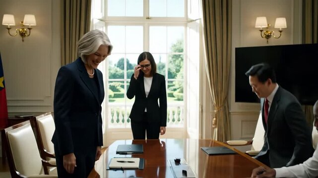 Diplomatic Meeting in Formal Setting - Two people in business suits are shaking hands at a diplomatic meeting in a government building, a woman with glasses stands in the background.