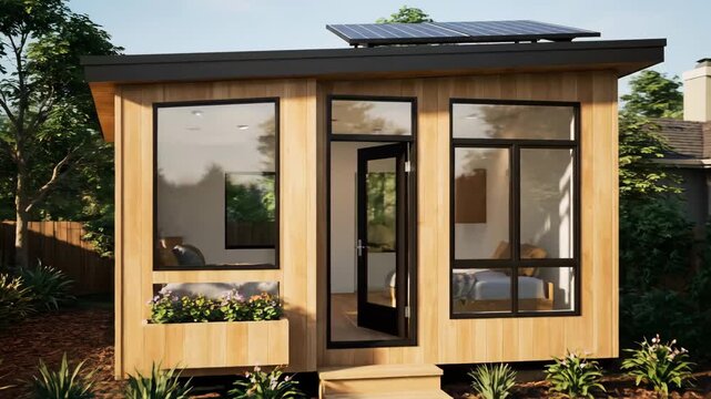 Modern Prefab Backyard Studio - An exterior shot of a modern prefab backyard studio with wood paneling, large windows, and a solar panel on the roof.
