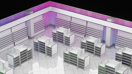 Top view of the trading floor mockup with gondola shelving, shelves against the wall, walls with purple geometric striped pattern and banner. 3d illustration isolated on black © Wire_man