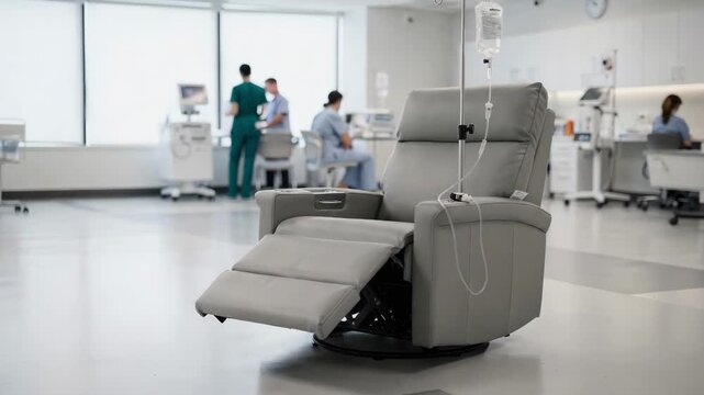 Medium shot capturing a recliner chair equipped with an IV drip for antibiotic infusion in a spacious outpatient area highlighting the sterile environment and muted medical