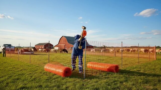 Technician installing temporary fencing around a farm to establish biosecurity barriers against disease spread.